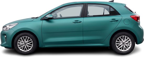 Zijprofiel van een teal-kleurige Kia Rio 4 met zwarte ramen en een zwarte antenne.