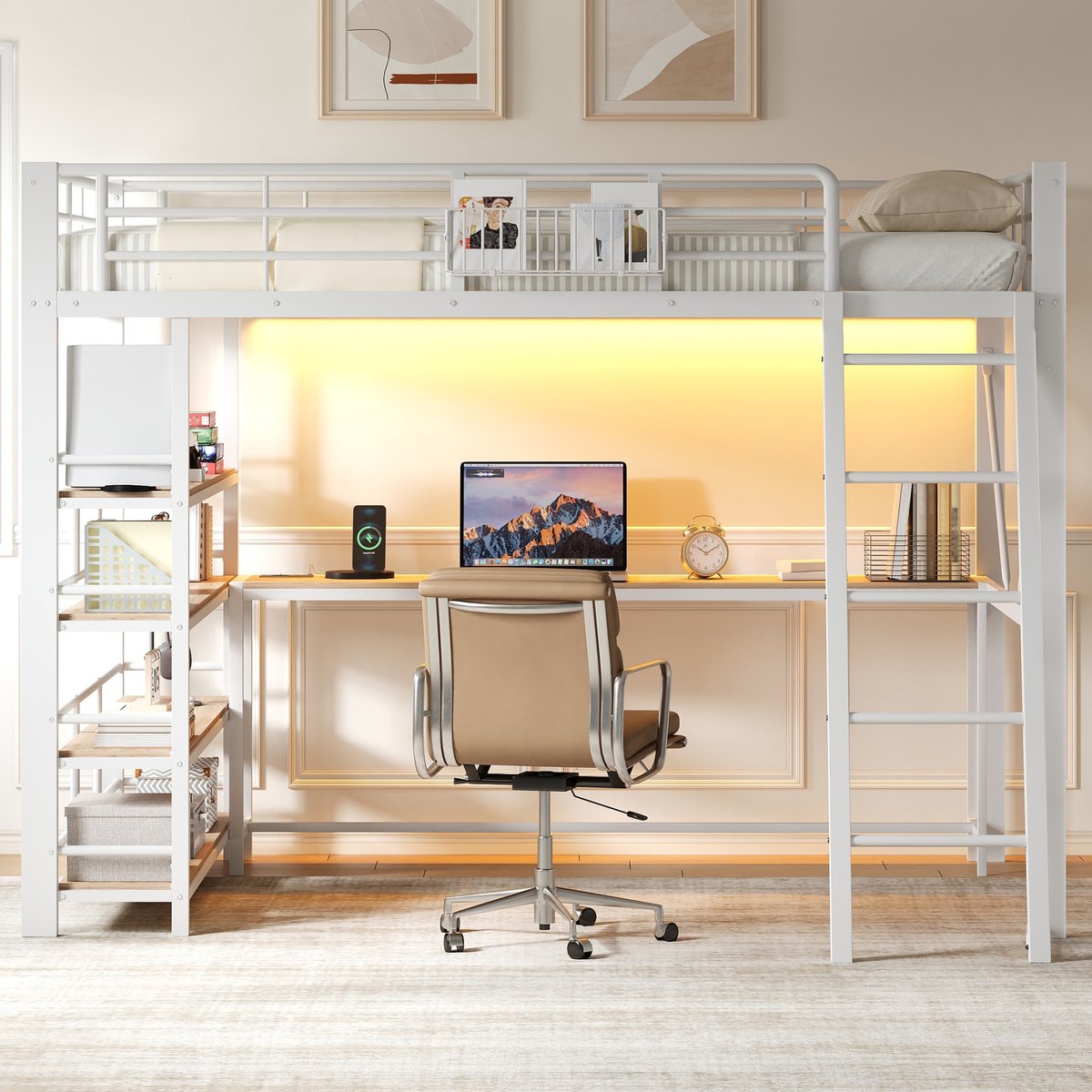 Merax Hoogslaper 140 x 200 cm - met geïntegreerd bureau - opbergmand - opbergruimte - USB-oplaadstation en LED-verlichting - wit