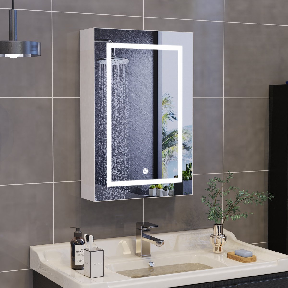 Yelenaro Spiegelkast 50x70 cm, Badkamerkast met spiegel en LED verlichting, Badkamerspiegelkast, 3 kleurtemperaturen, Touchscreen, Wandkast, Badkamer Kastje