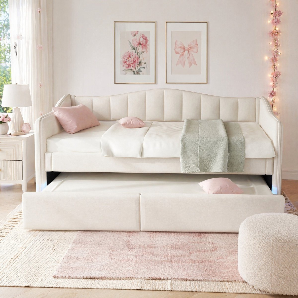 WUVRIE Slaapbank 90x200 cm met uitschuifbaar rolbed en ledverlichting, beige