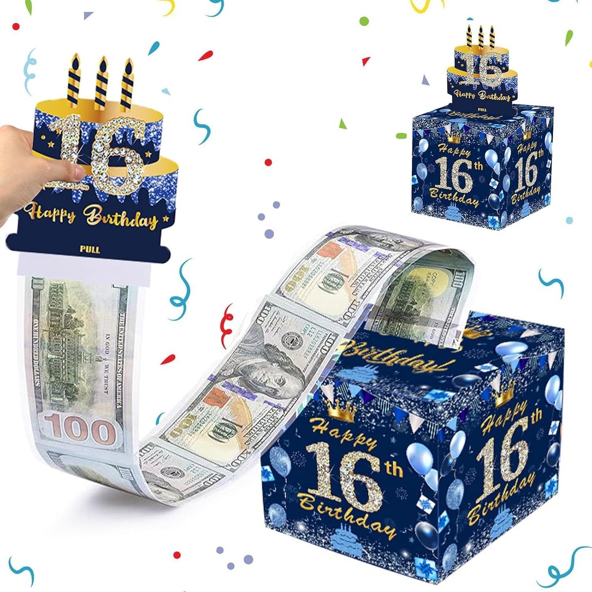 Geldbox voor 16e Verjaardag, Blauwe Trekkoffer voor Geld, Verrassingsgeschenk voor Jongens en Meisjes
