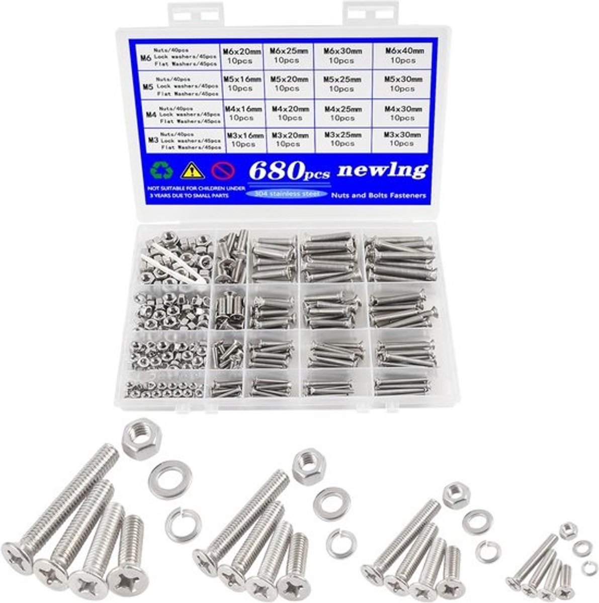 Set met schroeven en moeren - Assortiment bevestigingsmateriaal - Voor doe-het-zelfreparaties - Roestvrij staal 304 - M3 M4 M5 M6 - Zilver