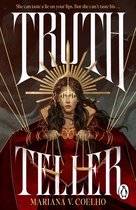 Boekomslag van Truth Teller: vrouw in rode mantel met een gouden halo en weegschaal, vastgehouden door kettingen.