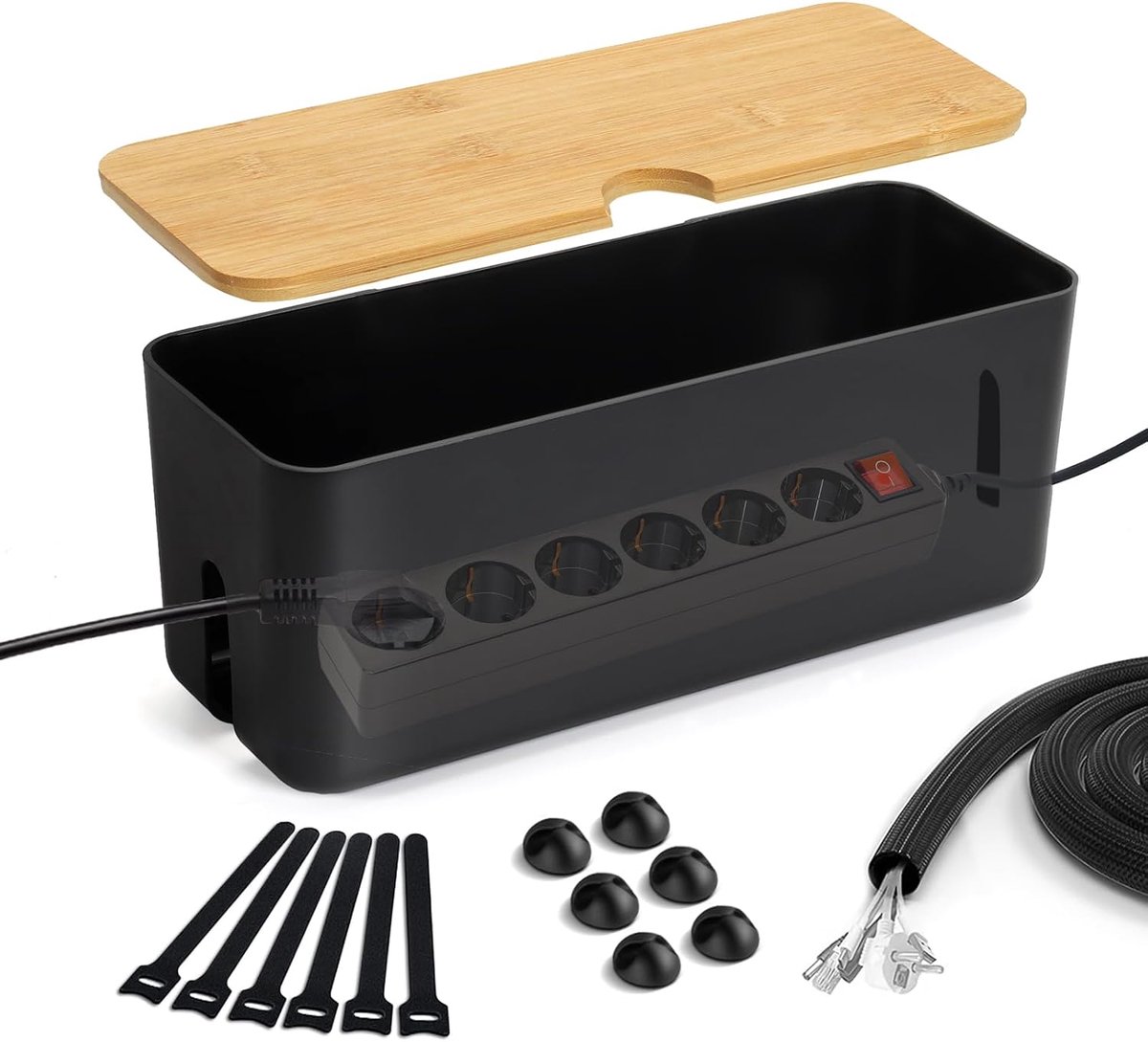 Lannvan Cable box (black/large) made of ABS plastic with bamboo lid - ShopVlot