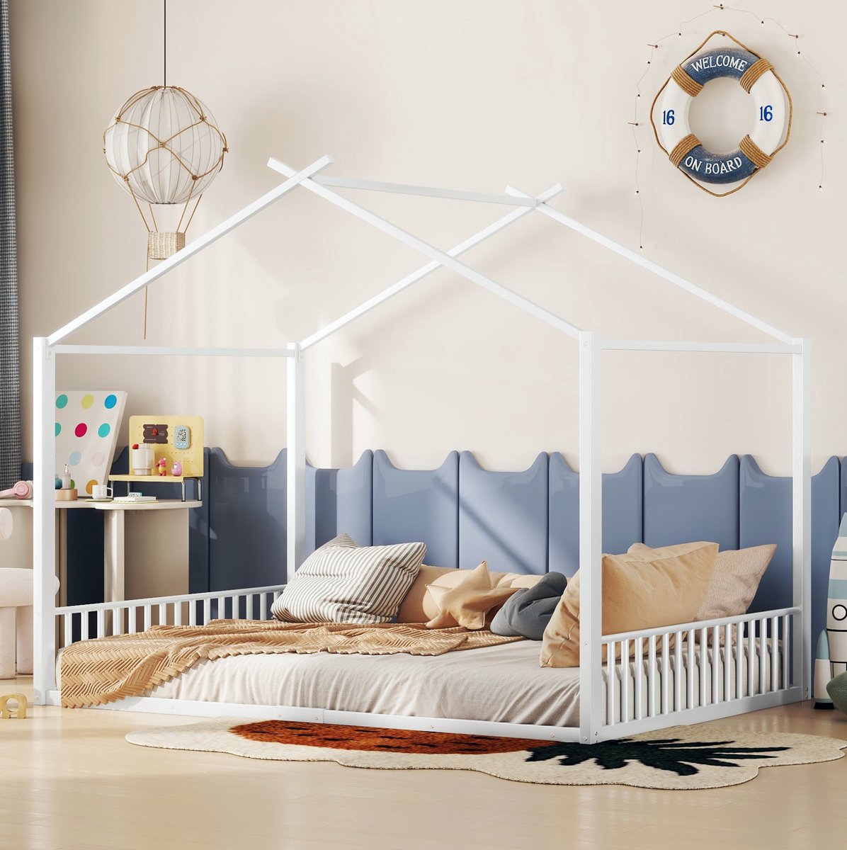 WUVRIE Kinderbed 140x200 cm met metalen huisframe, 150 kg draagvermogen, wit