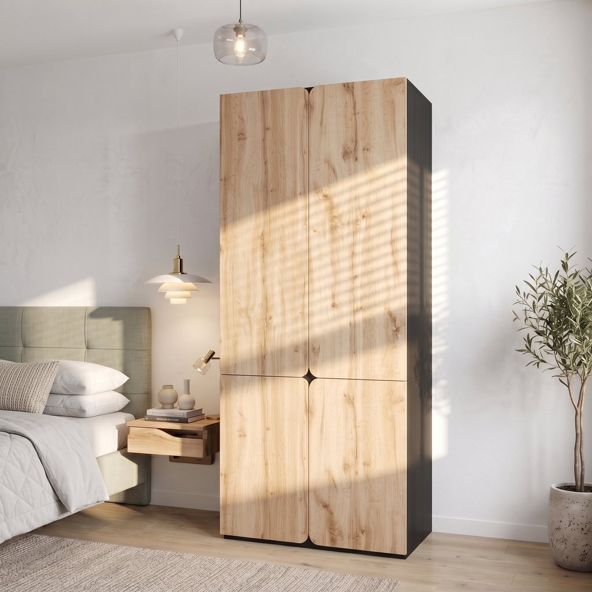 MIVRAY Kledingkast - Vier Deuren Met Kledingstang En Drie Lades - Voor Slaapkamer Hal Of Kantoor - Spaanplaat - 90x50x200 Cm - Eikenkleur
