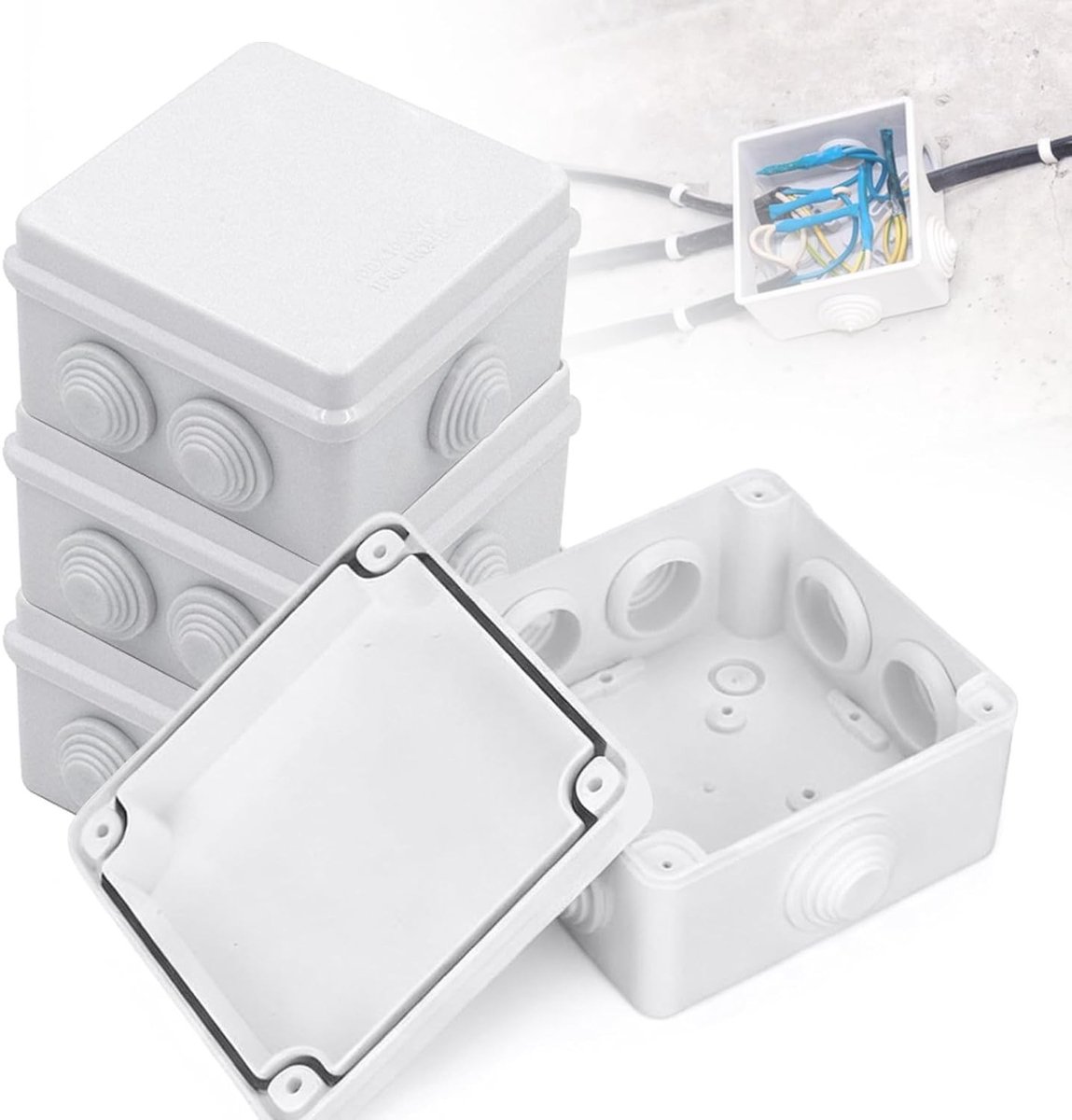 Set van 4 Waterdichte Aansluitdozen, IP55, Universele Opbouwdozen met 7 Kabelinvoeren voor Binnen en Buiten, 85 x 85 x 50 mm, Ideaal voor Elektrische Installaties en Verbindingen