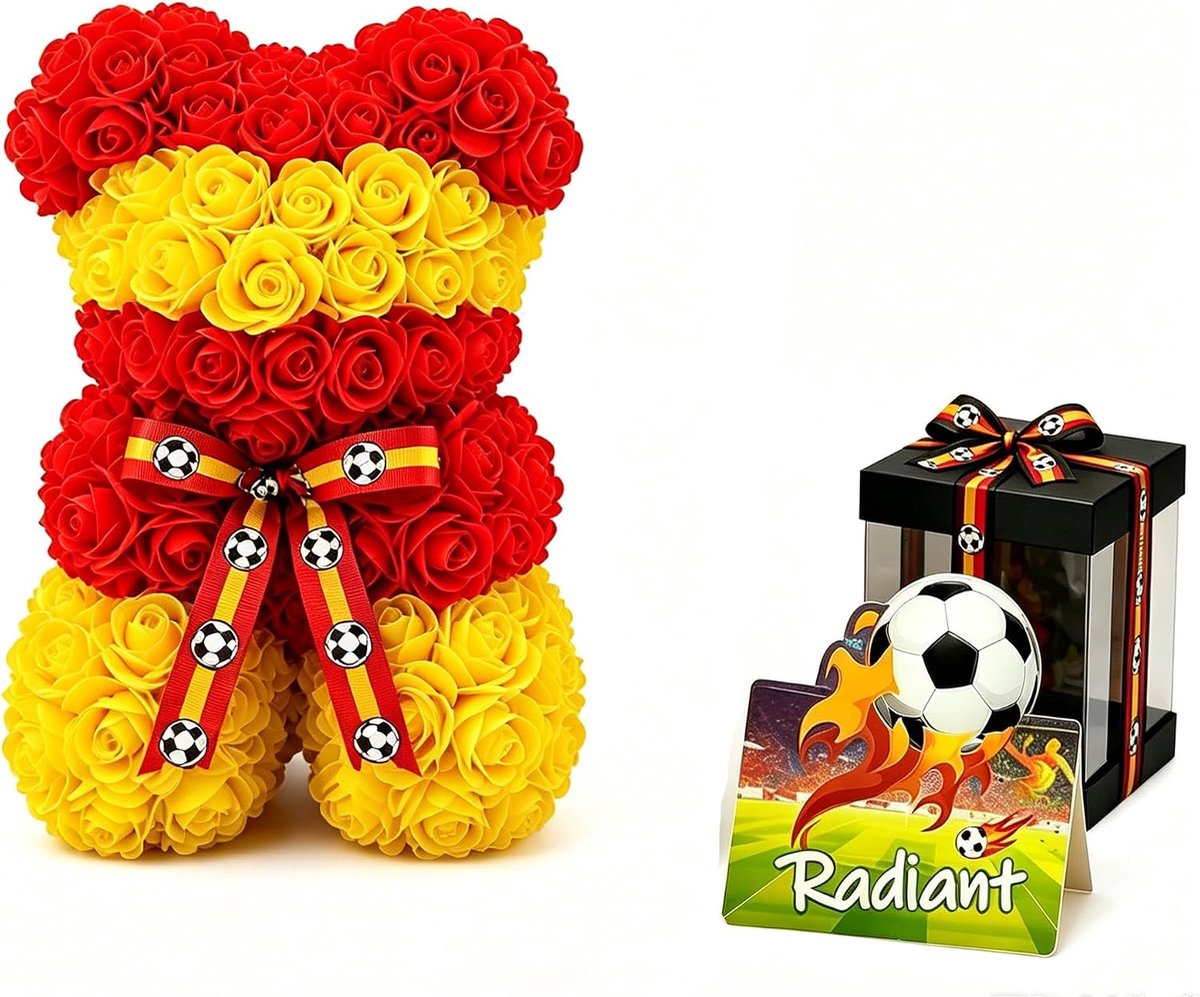 Rozenbeer Spanje voetbal fan cadeau - handgemaakt - rode en gele bloemen - uniek geschenk voor fans - Luxento