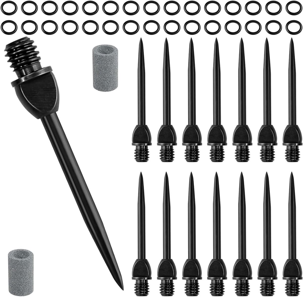 15 Stuks Stalen Dartpunten, Vervangbare Zwarte Metalen Dart Tips met 30 Rubberen O-Ringen en 2 Potloodslijpers voor Professionele Soft Tip Darts, Duurzame Accessoires voor Dartspelers en Darttraining