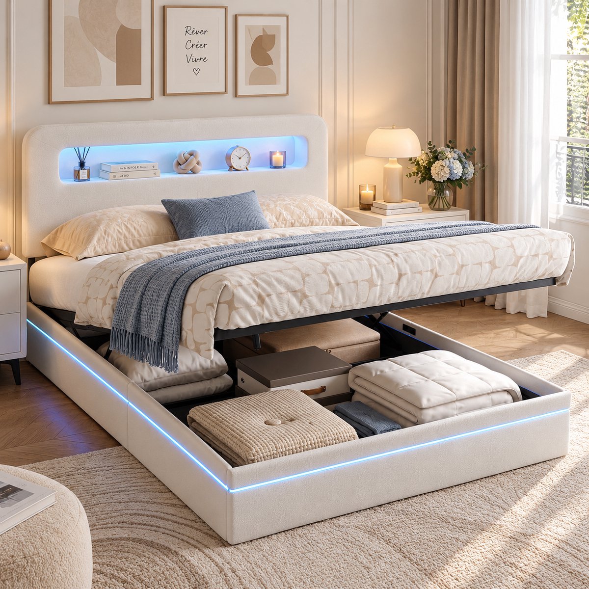 MEXUS Opbergbed 140x200 cm met ledverlichting, bedframe met lattenbodem en opbergruimte, gestoffeerd hoofdbord met open planken, Tweepersoonsbed voor volwassenen en tieners, fluweel Beige