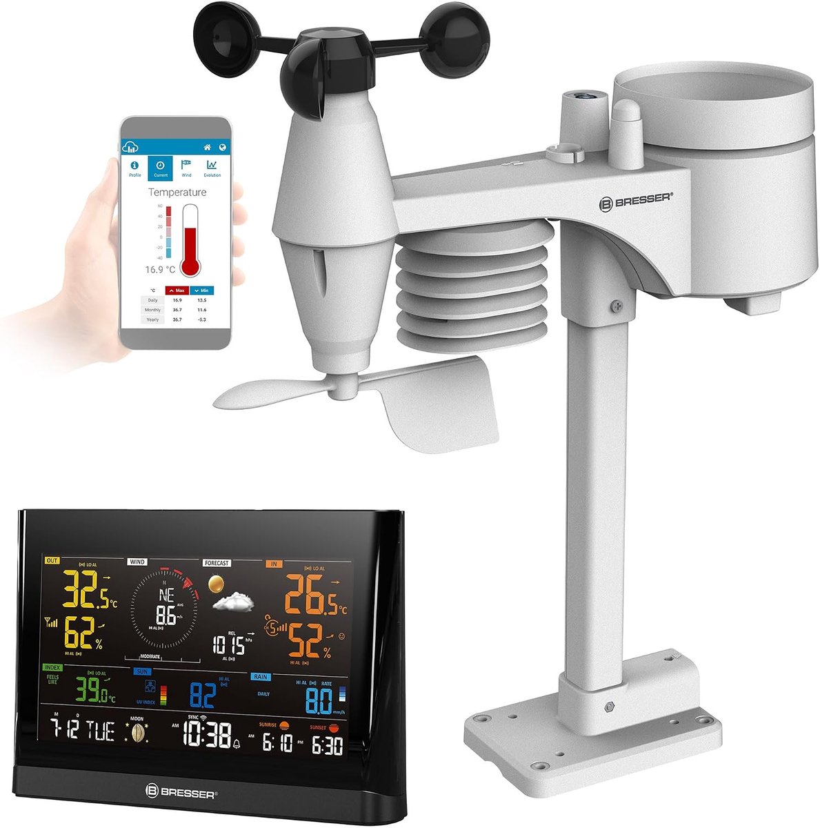 Weerstation met WiFi en 7-in-1 professionele sensor - 20.2 x 13.8 x 3.8 cm basisstation - Industrohome