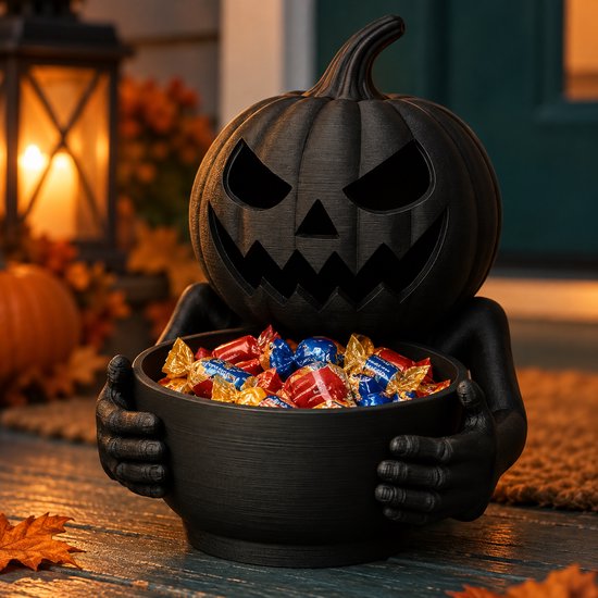 Zwarte pompoenschaal met skeletarmen vol met snoepgoed, op een veranda met herfstbladeren.