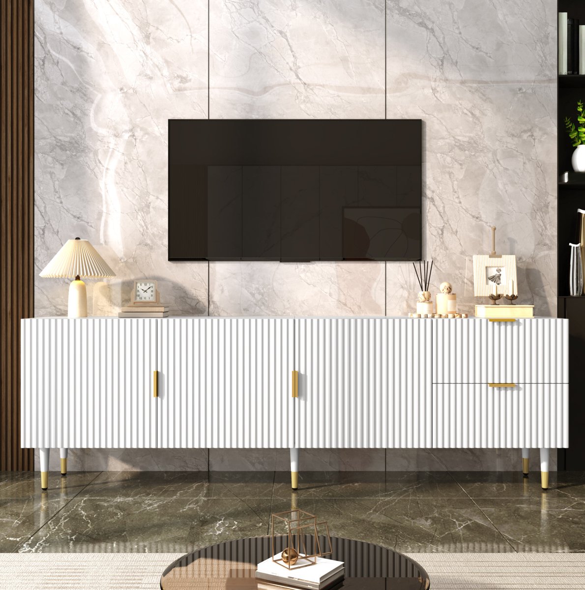 MIVRAY Televisiemeubel - Drie Deuren Met Laden En Kabeldoorvoer - Voor De Woonkamer - MDF En Spaanplaat - 170x35,5x55 Cm - Wit Met Goud
