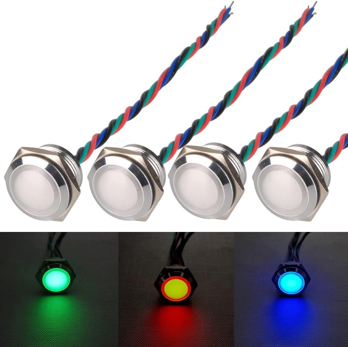 GUUZI 4pcs 12V-24V RGB Triple (Red Green Blue) Metal LED Indicator Light 19mm Waterproof Signal Lamp with Wire - ShopVlot