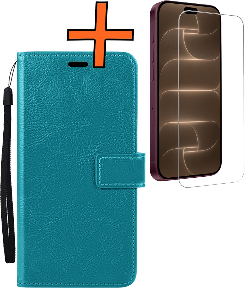 Hoes - Met Screenprotector - Geschikt voor Apple iPhone 18 Pro - Luxe Pasjeshouder - Bookcase Portemonee - Flip Case - Kunstleer Book Case - Flipcase - Book Cover - Walletcase - PortemonneeHoes - Turquoise