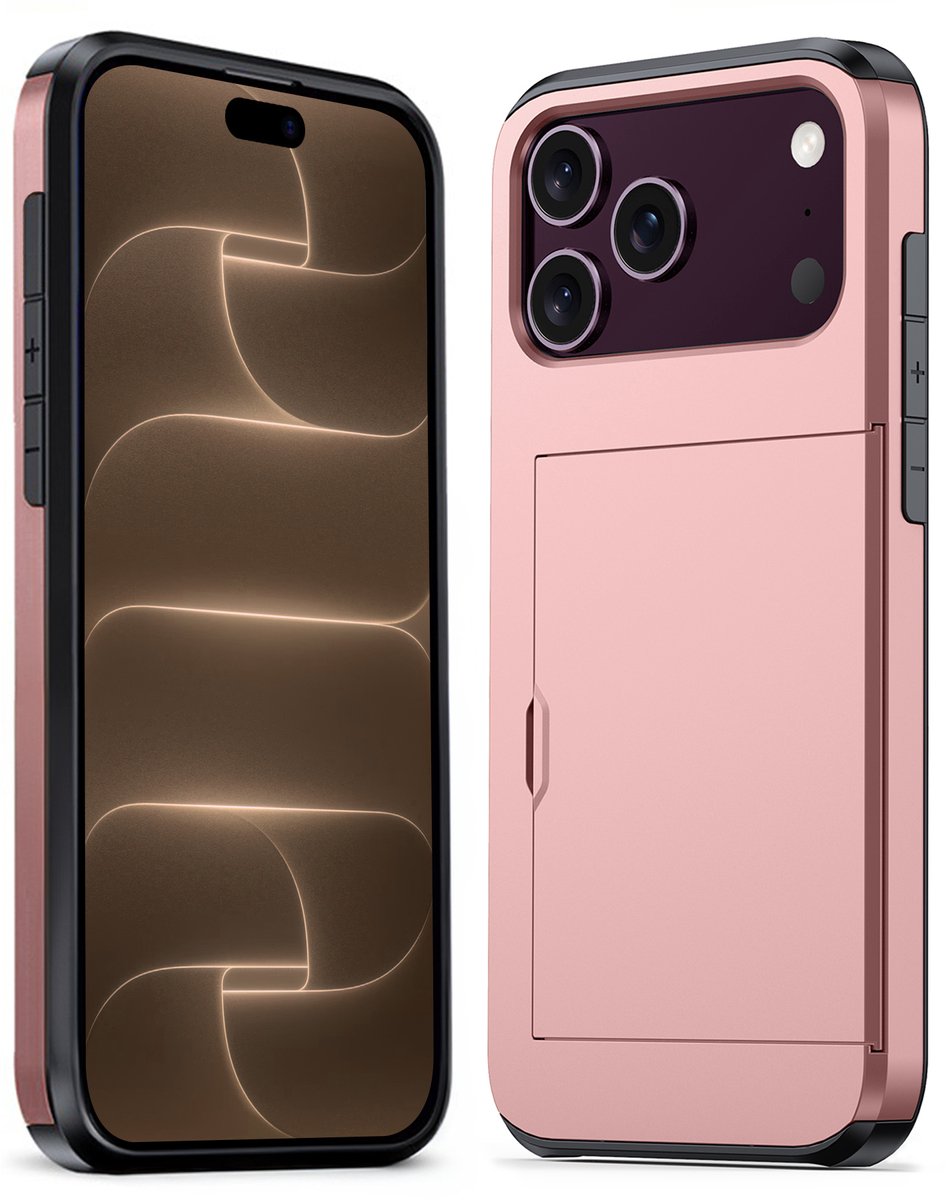 Hoesje Geschikt voor iPhone 18 Pro Hoesje Pasjeshouder Shockproof Hard Case - Hoesje Geschikt voor iPhone 18 Pro Hoes Met Kaarthouder - Rosé goud
