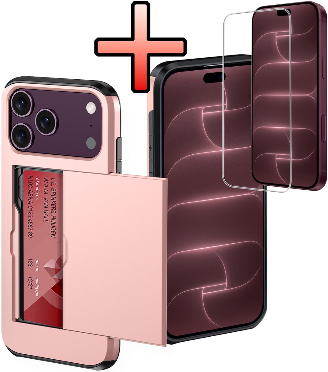 Hoes Geschikt voor iPhone 18 Pro Hoesje Pasjeshouder Hard Cover Met Screenprotector Shock Proof Hard Case Hoes Met Kaarthouder - Rosé goud