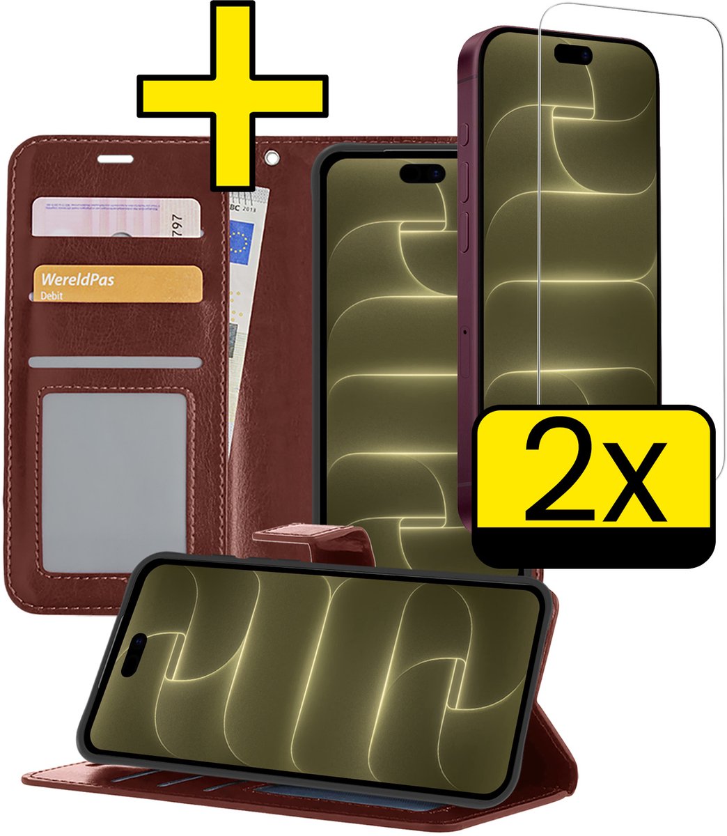 Hoesje - Met 2x Screenprotector - Geschikt voor Apple iPhone 18 Pro - Luxe Pasjeshouder - Bookcase Portemonee - Flip Case - Kunstleer Book Case - Flipcase Hoes - Book Cover - Walletcase - Portemonneehoes - Telefoonhoesjes - Bruin