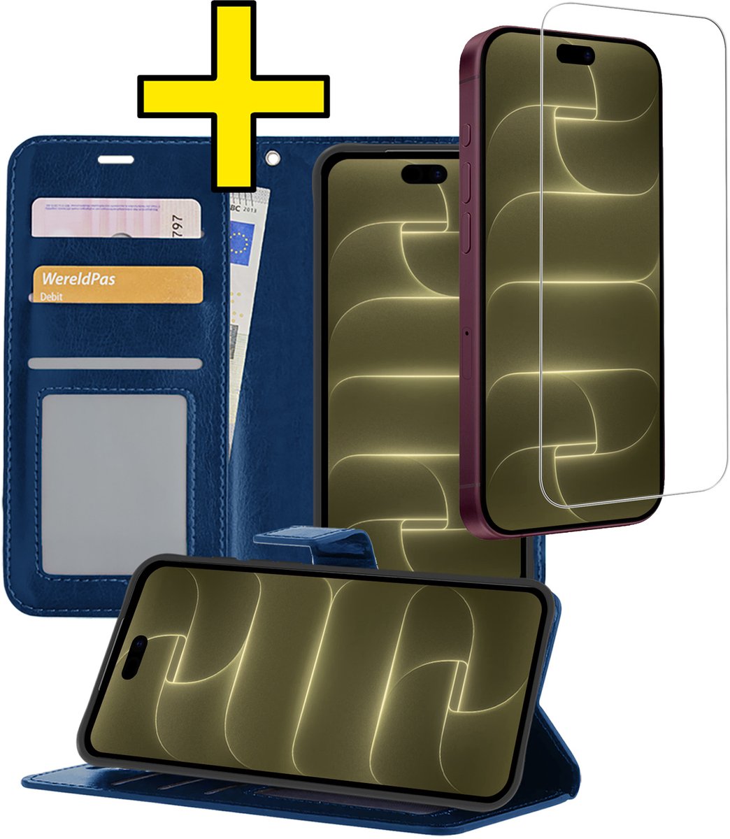 Hoesje - Met Screenprotector - Geschikt voor Apple iPhone 18 Pro Max - Luxe Pasjeshouder - Bookcase Portemonee - Flip Case - Kunstleer Book Case - Flipcase - Book Cover - Walletcase - Portemonneehoes - Telefoonhoesjes - Donkerblauw