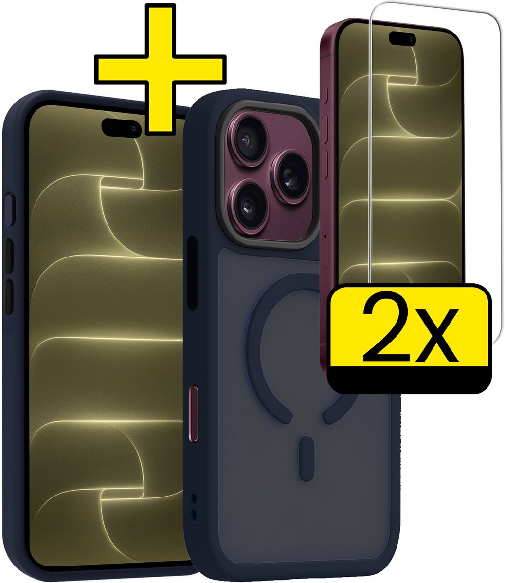 Hoesje - Met 2x Screenprotector - Geschikt voor Apple iPhone 18 Pro - Magsafe Compatible - Sterk & Shockproof - Back Cover - Shock Proof Case - Telefoon Hoes - Telefoonhoesjes - Donkerblauw