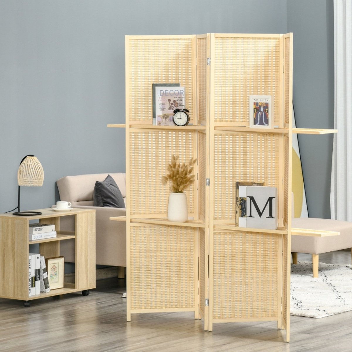 MODENUIT Kamerscherm – 4-Delig Opvouwbaar Met 2 Planken – 180 x 180 cm – Bamboe en Hout – Naturel – Vrijstaand Naturel hout