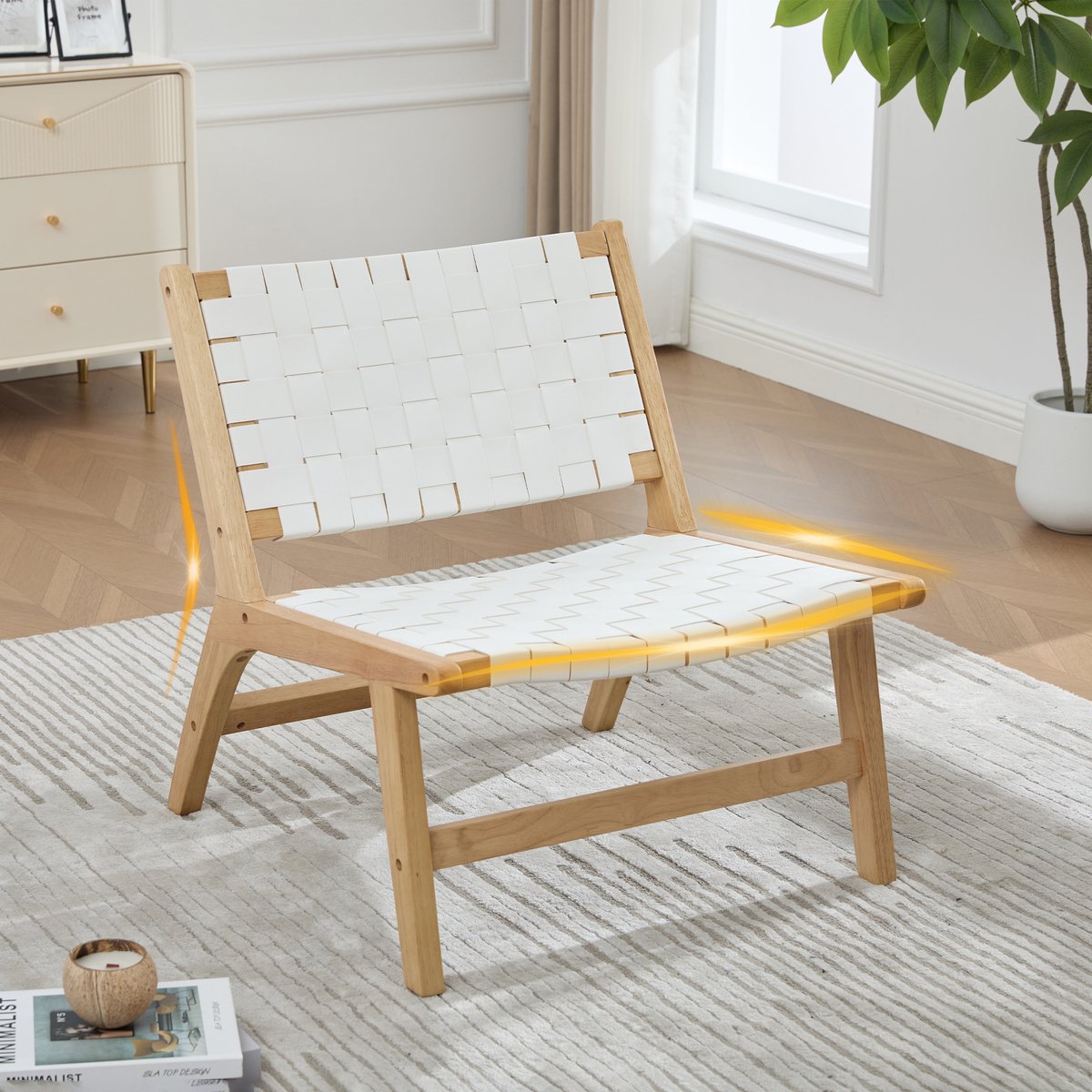 COVREO Fauteuil met gevlochten zitting – Armloze loungestoel met houten frame – Stoel voor leeshoek en woonkamer – 71x66x72 cm – Wit