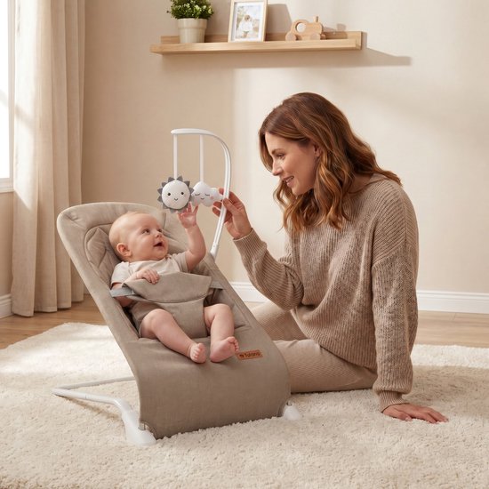 Tulano Moon 10 Baby Wipstoel - Verstelbare Baby Bouncer met Speelboog & 3-Punts Gordel - Tot 9 kg - taupe — afbeelding 4