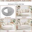 Halfronde bank in beige ribfluweel, 4-in-1: zithoek, fauteuil, bed en bank.
