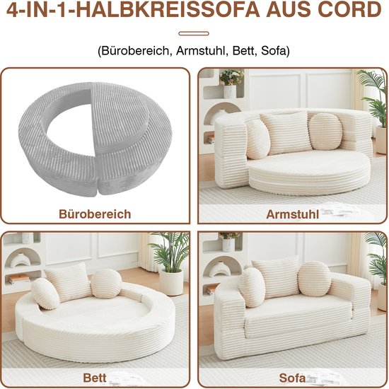 Halfronde bank in beige ribfluweel, 4-in-1: zithoek, fauteuil, bed en bank.