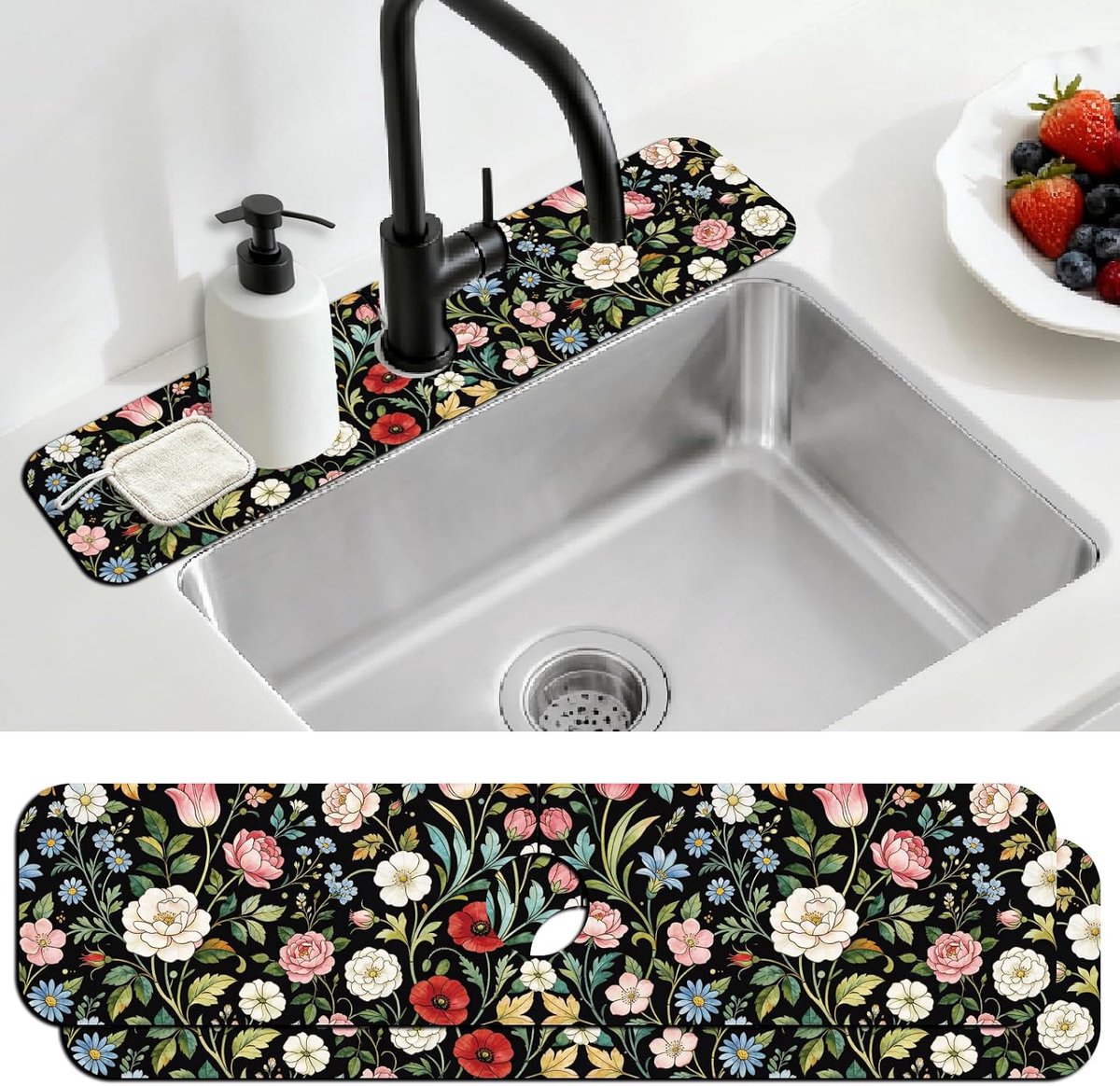2-delige keukenkraan spatbescherming mat van diatomeeeënaarde met wilde bloemenpatroon, 60 x 14 cm, voor keuken en - ShopVlot