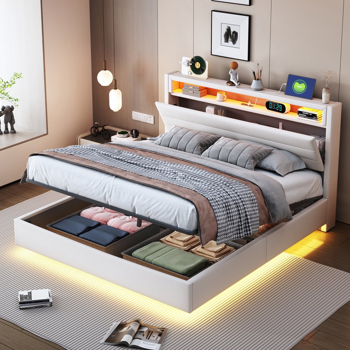 AURA LUMEN Gestoffeerd bed Twijfelaarbed 140 x 200 cm Hydraulisch bed met opbergruimte Bed met LED en USB Leinen Beige