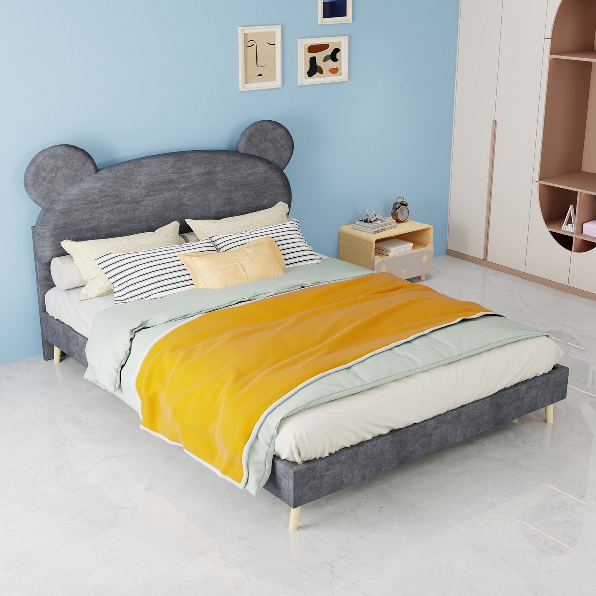 AURA LUMEN-Gestoffeerd bed Twijfelaarbed 140 x 200 cm met cartoon hoofdbord grijs