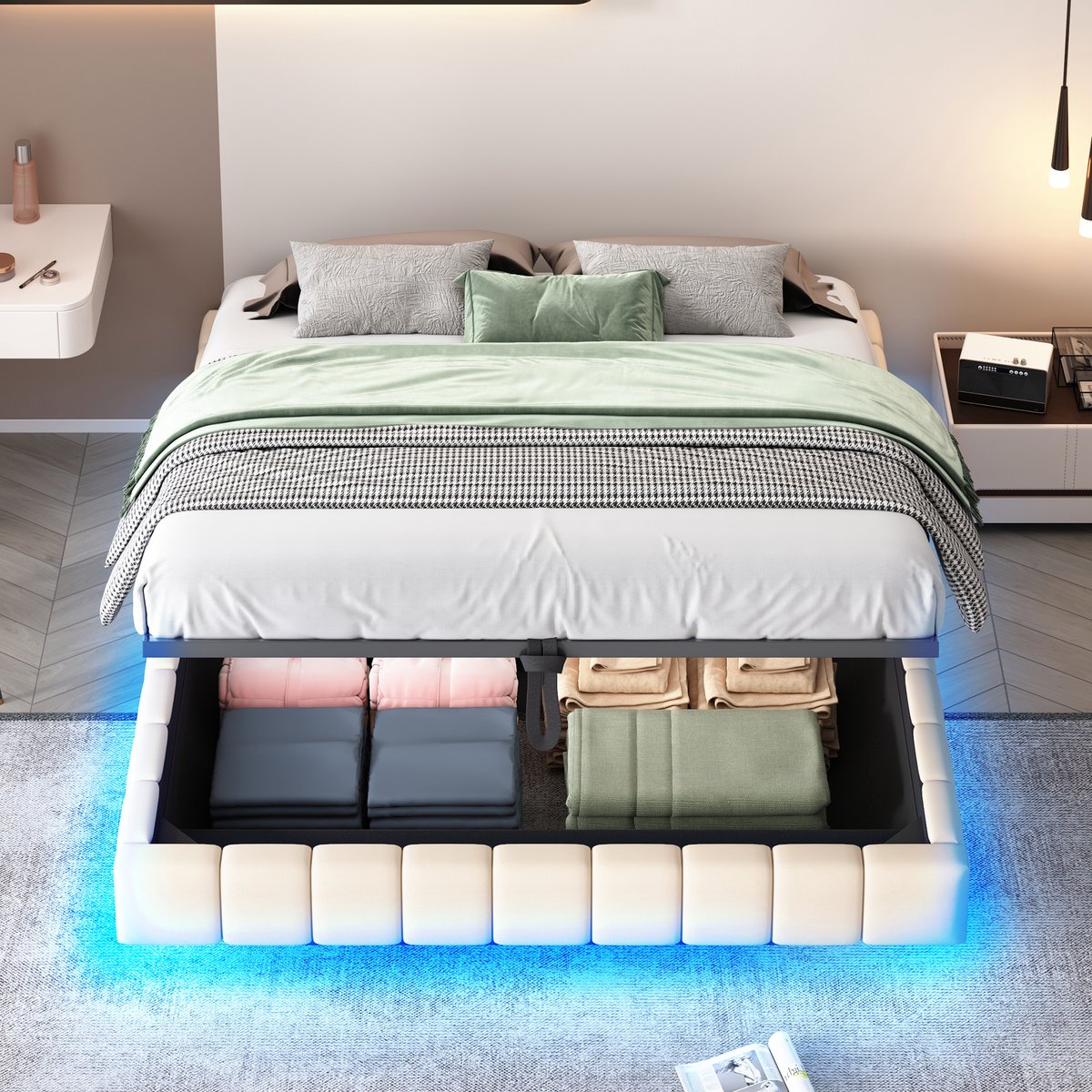 AURA LUMEN Gestoffeerd bed-Tweepersoonsbed-160 x 200 cm-Hydraulisch bed-Bed met LED en USB-Beige
