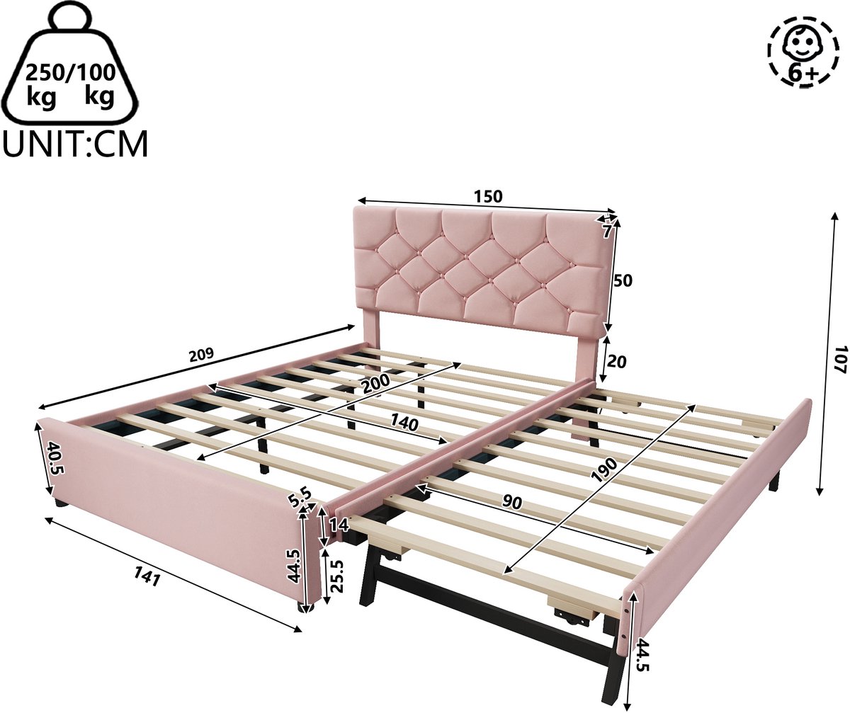 AURA LUMEN Gestoffeerd bed-Twijfelaarbed-140x200-cm-Met uitrolbed-Knopgedeelte-Rosa Roze