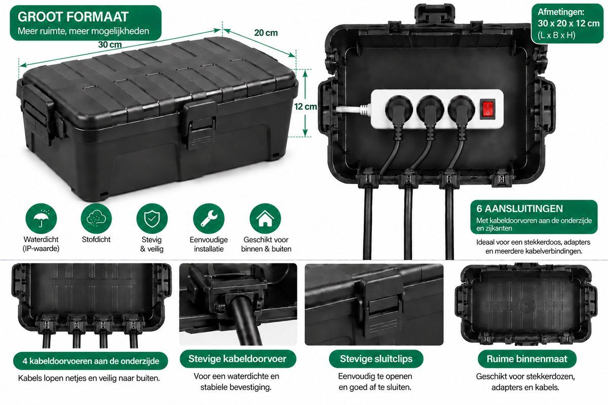 Eranovi Kabelbox Groot - 30 x 20 x 12 cm binnenmaat - waterdichte stekkerdoos beschermbox voor buiten - IP54 - 6 kabeldoorvoeren met rubberen afdichting - afsluitbaar met hangslot - voor tuinverlichting, kerstverlichting en vijverpomp