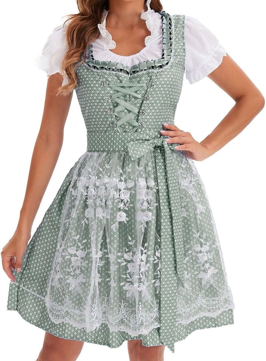 Dirndl Jurk voor Dames - Oktoberfest Kostuum met Blouse, Kanten Midi Rok en Schort - Folkfeest Groene en Witte Outfit