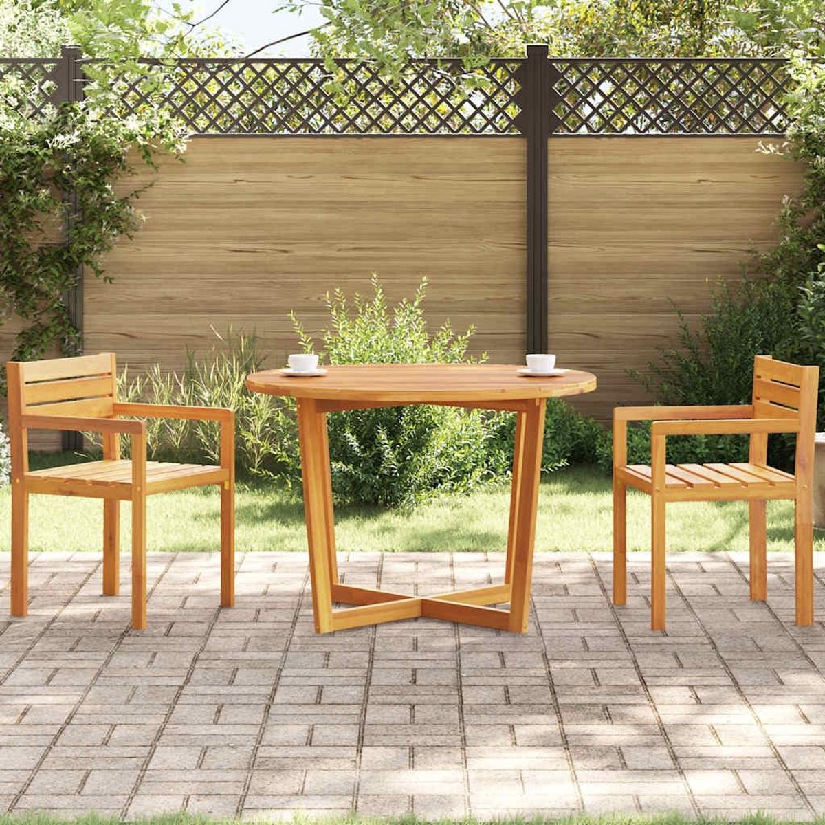 Rond Ø110x75 cm van massief hout acacia voor terras en balkon met weerbestendige olielaag en stabiele kruisbeen-constructie, lamellentafelblad