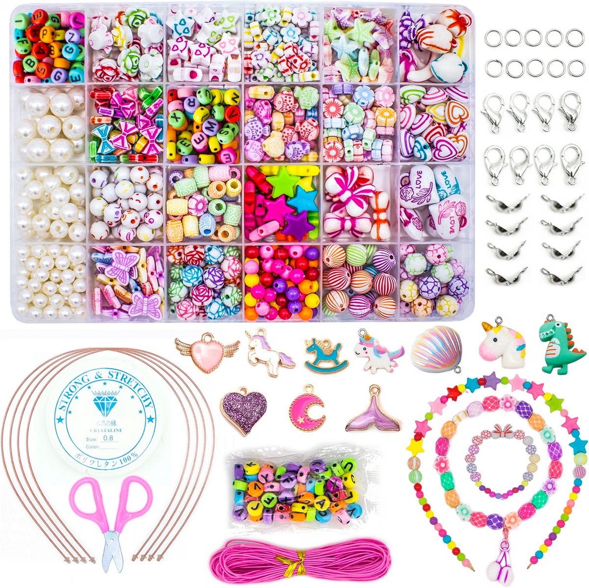 Kralenset voor kinderen - Armbandjes zelf maken - Vriendschapsbandjes creatief knutselen - Kettingen haarbanden ontwerpen - Cadeaudoos met vakken - Inclusief koord schaar - Meerkleurig - 24 soorten