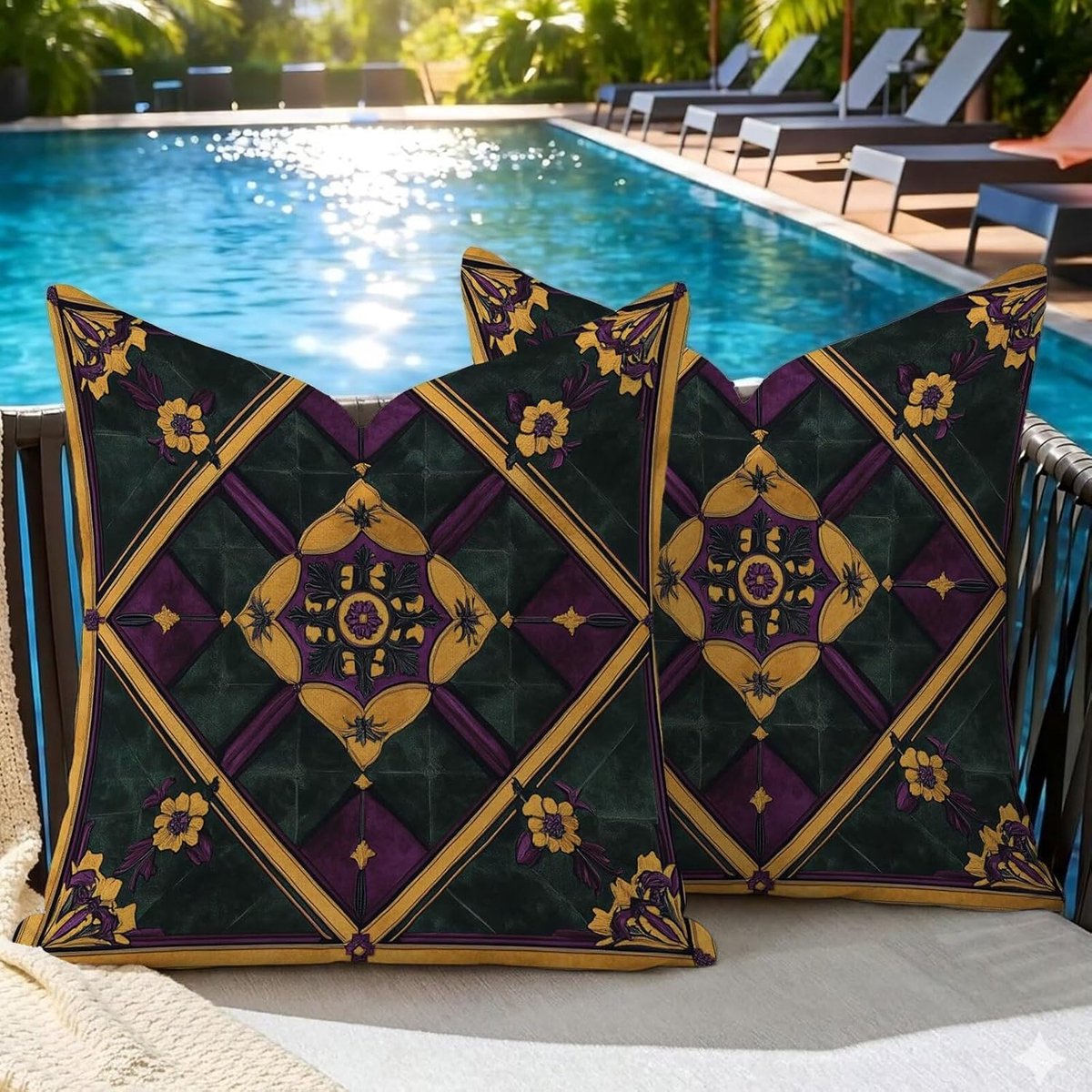 Set van 2 outdoor kussenslopen, 55 x 55 cm, weerbestendig, geel, modern motief, tuinkussen, zomer, modern sierkussen, dubbelzijdige print, bankkussen voor balkon, lounge, terras, woonkamer, decoratie