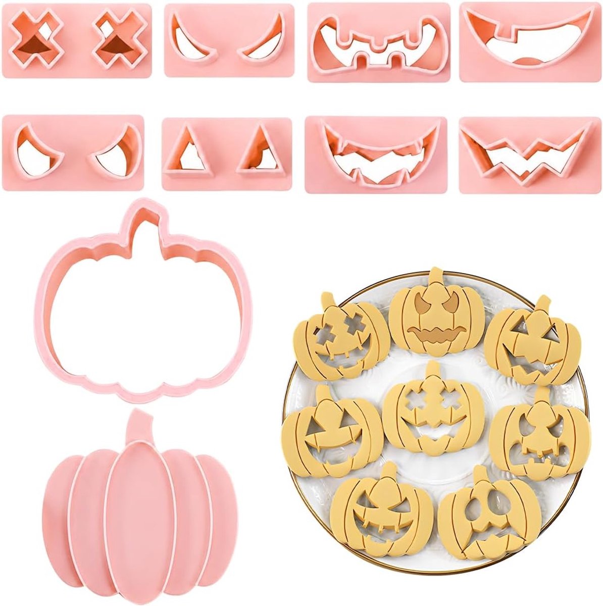 10 Pompoenkoekjesvormen,3D Plastic Vormpjes,Halloween Koekjesuitsteker,Stempel voor Halloween-Feestkoekjes - ShopVlot