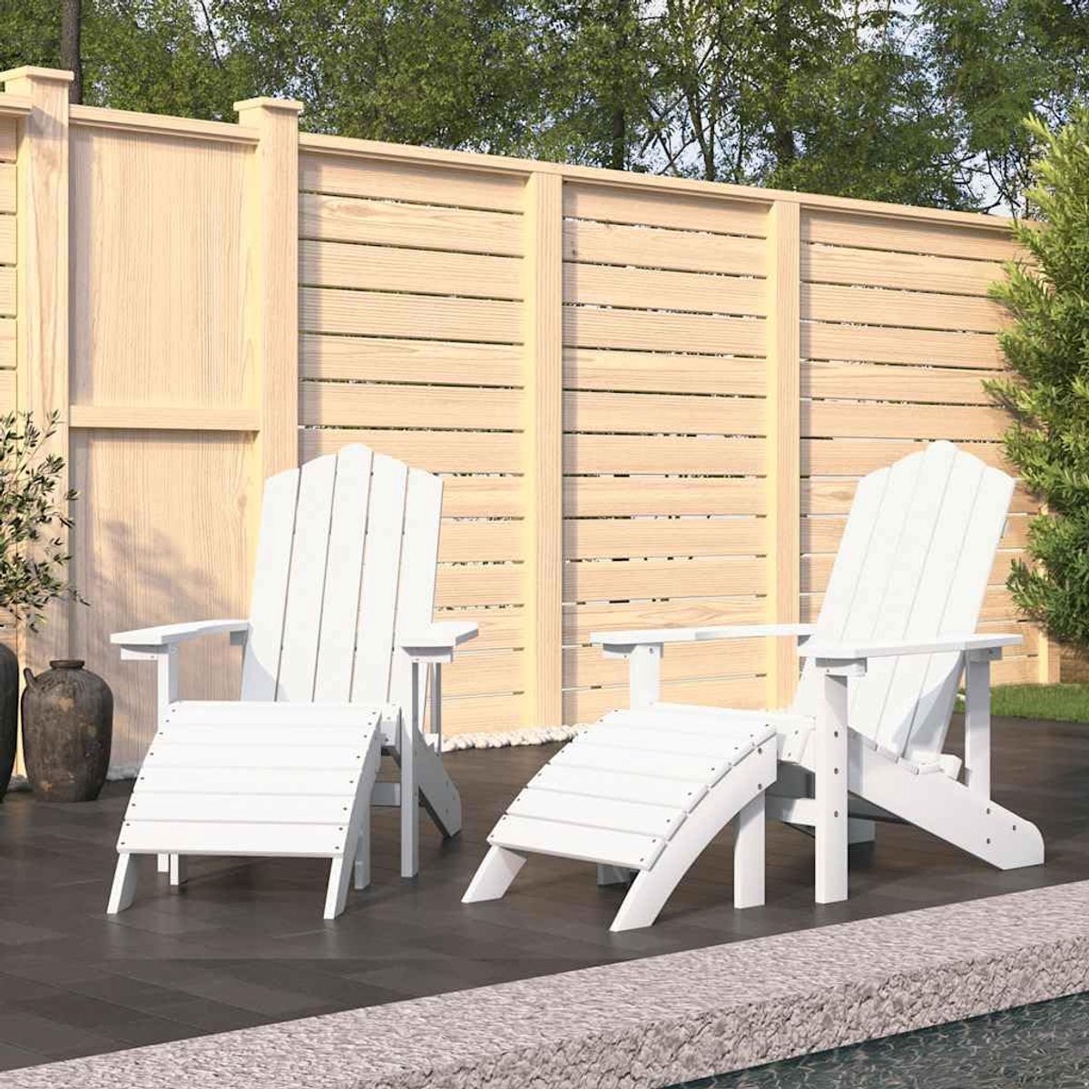 Tuinstoelen met voetsteunen 2 stuks, HDPE, wit, terrasstoelen set met brede armleuningen en hoge rugleuning