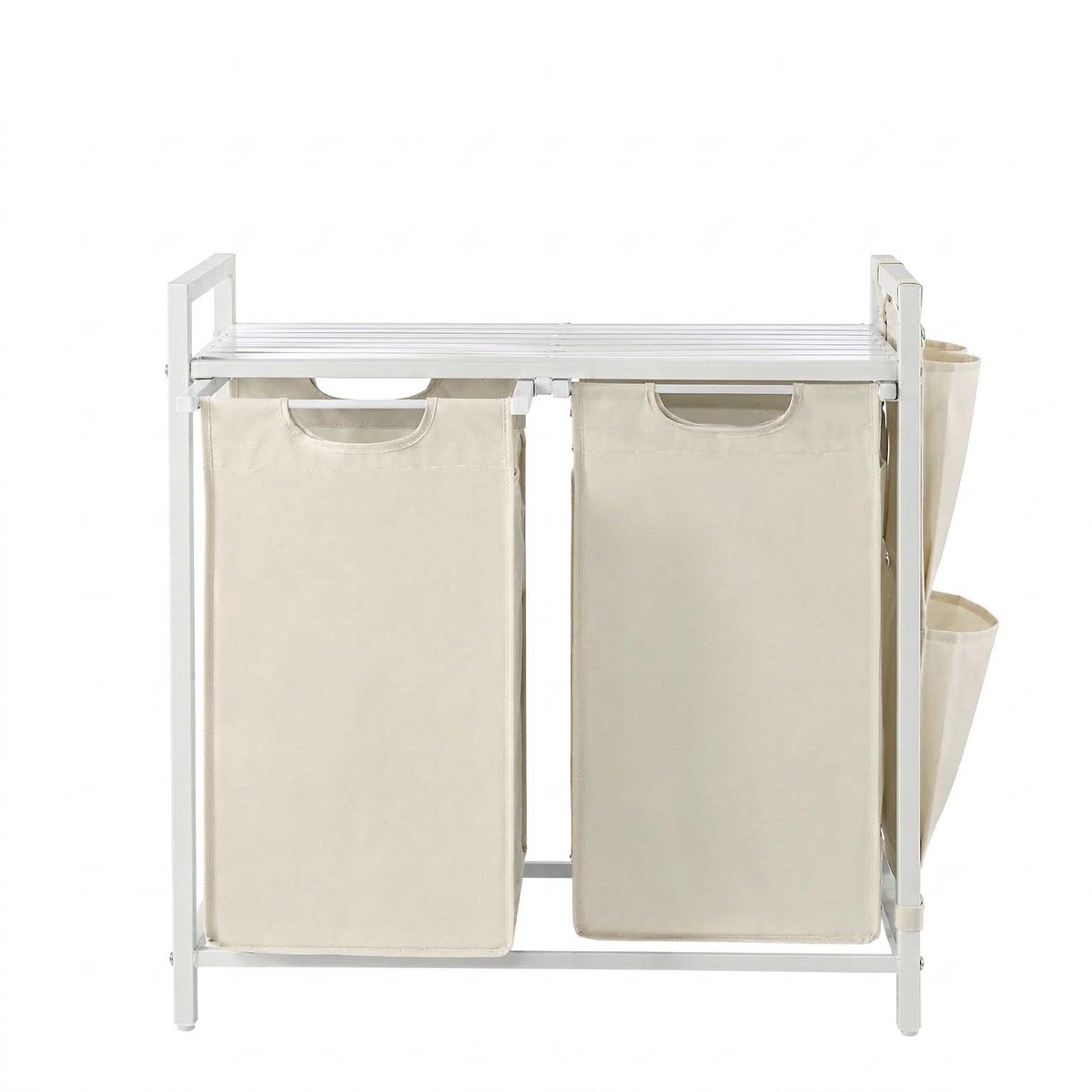Wasmand Wasgoedmand 71,3 x 33 x 72 cm Wit 2 vakken van 46 L Met uittrekbare en afneembare binnenzakken, zijvak en roosterplank Stevig metalen frame Gemakkelijk te monteren en reinigen Geschikt voor wasruimte, badkamer en slaapkamer