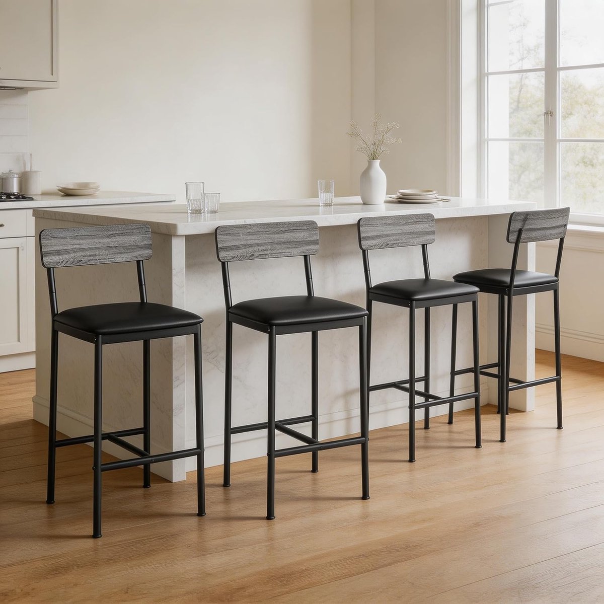 Barkrukken Set van 4 - 65 cm Barstoelen met Leuning Grijs Kunstleer