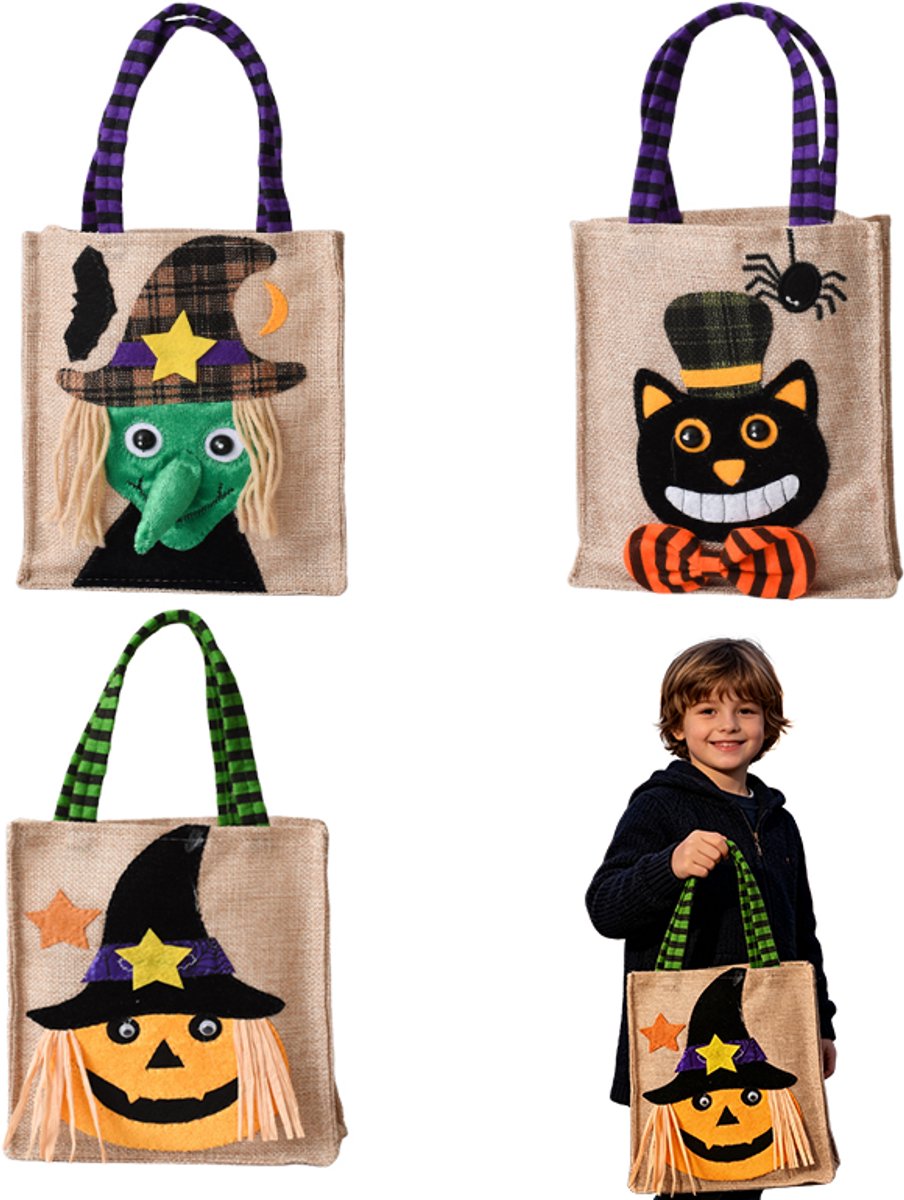 3 stuks - Halloween tas - Trick or treat tas - Snoeptas - Tasje - Jute tas - Halloween tasje voor kinderen - Pompoen tas - Heks tas - Zwarte kat tas - 15x26cm - Halloween feestartikel - Halloween cadeautasje