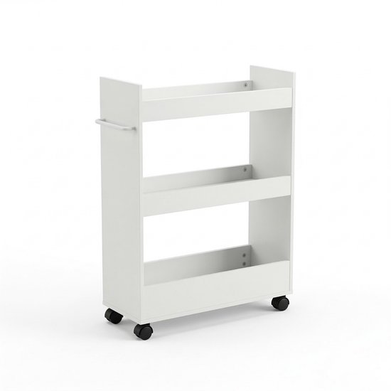 Chariot de cuisine étroit blanc avec trois étagères ouvertes et roulettes.