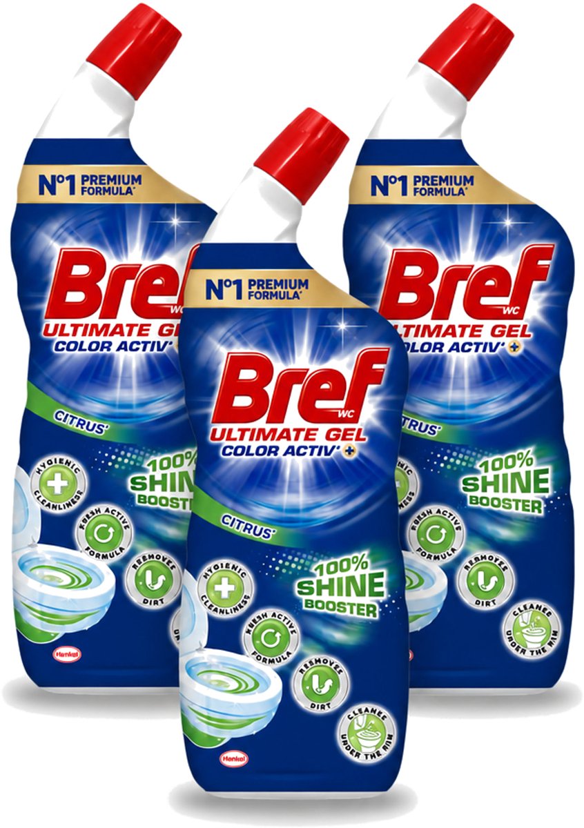 3 x Bref WC - Ultimate Gel Color Activ+ - Toiletreiniger - Citrus - 700 ml - Voordeelverpakking - 3 stuks