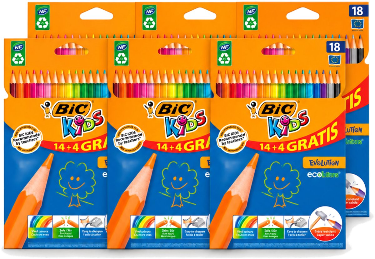 6 x Bic Kids - Kleurpotloden - Diverse Kleuren - Eco - Evolution - 18 Potloden - Voordeelverpakking - 6 stuks