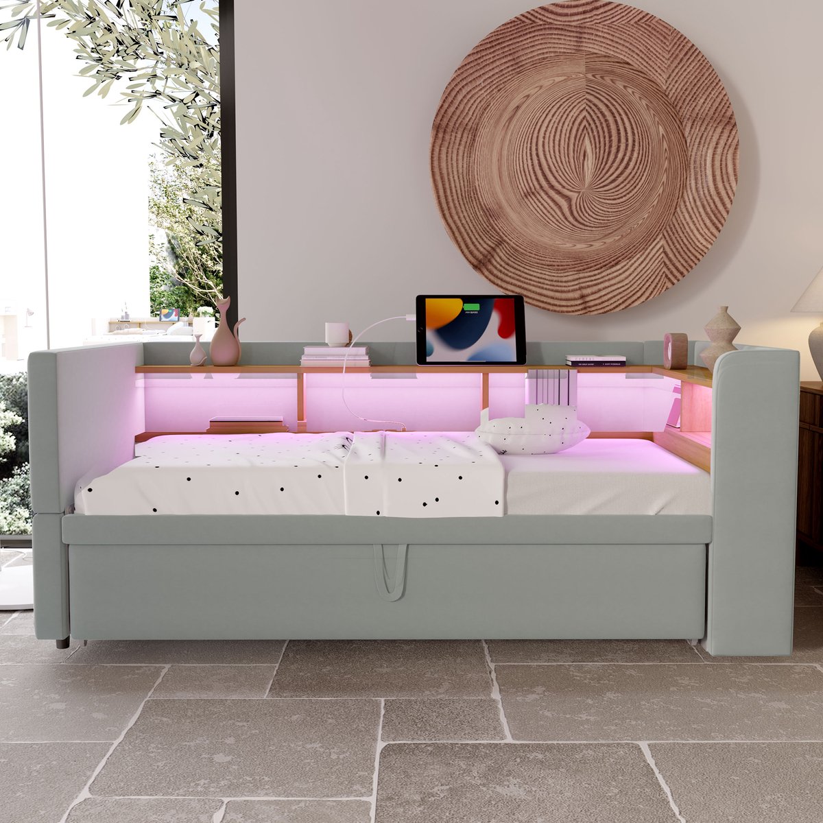WUVRIE Slaapbank 90/180x190 cm met uitschuifbed, opbergruimte, LED en stopcontacten, lichtgrijs