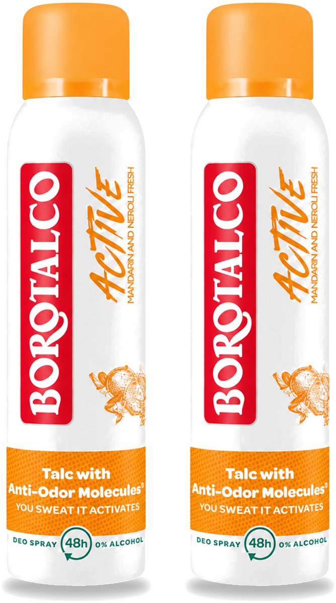 2 x Borotalco - Deodorant Spray - Active - Mandarin & Neroli Fresh - 0% Alcohol - 150 ml - Voordeelverpakking - 2 stuks