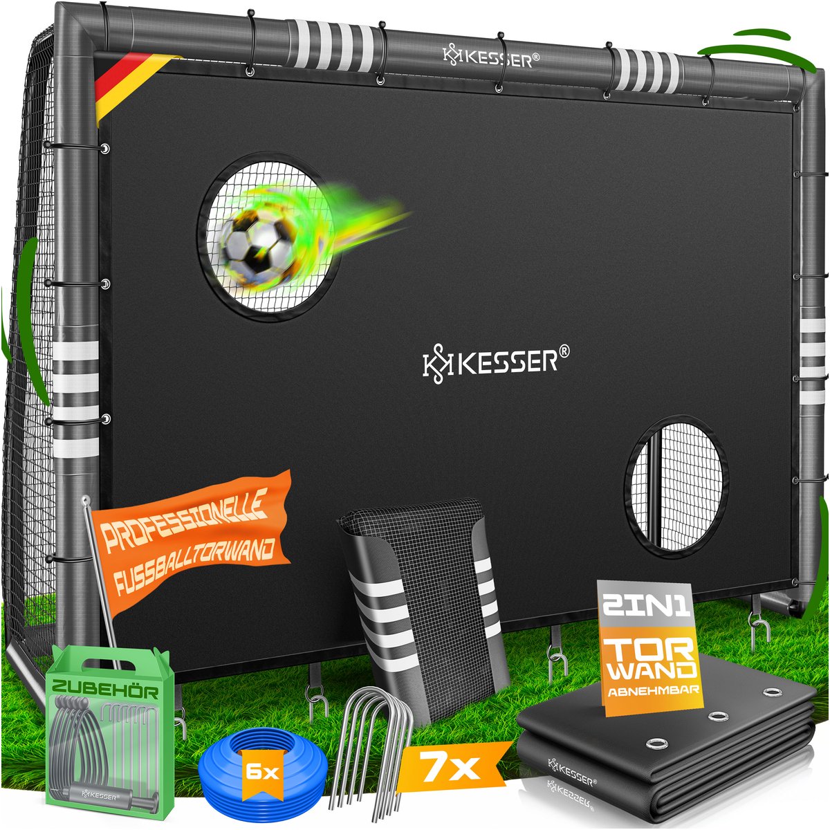 KESSER® Voetbaldoel - Stalen frame met bekleding - UV-bestendig net - 300 cm met doelwand - Antraciet